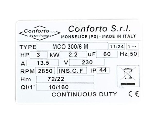 Многоступенчатый самовсасывающий насос Conforto MCO 300/6 M заказать в «Климат Технологии» Киев Украина