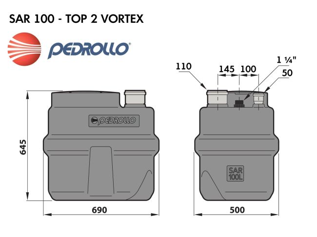 Канализационная насосная станция Pedrollo SAR 100 TOP 2 VORTEX KSF10TOPV12A1U заказать в «Климат Технологии» Киев Украина