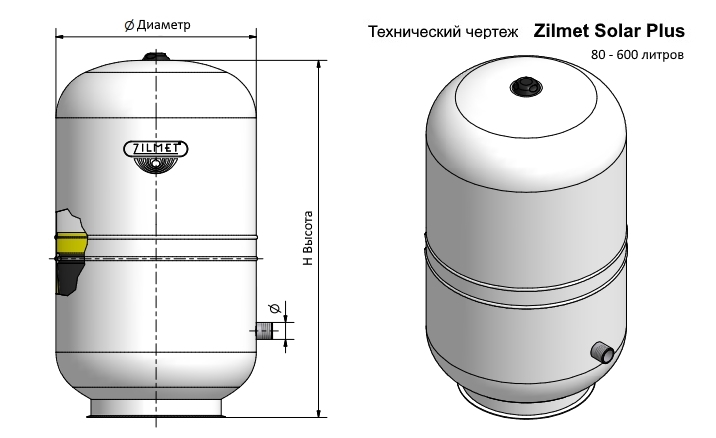  Технічний креслення розширювального бака Zilmet Solar Plus 80 - 600 л.